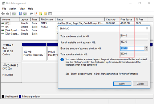 Cドライブを縮小