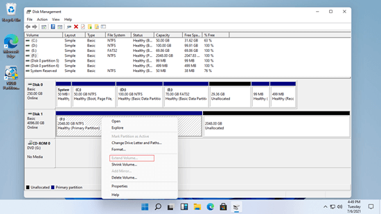 ボリュームの拡張が無効になっている