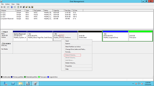 ボリュームの拡張が無効