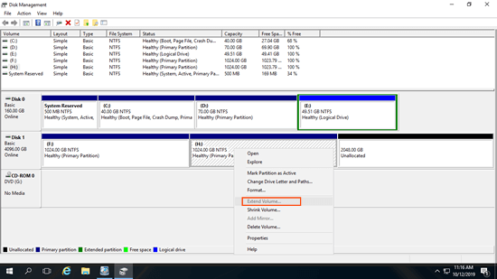 ボリュームの拡張がグレー表示