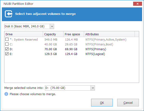Zu zusammenführendes Volume auswählen